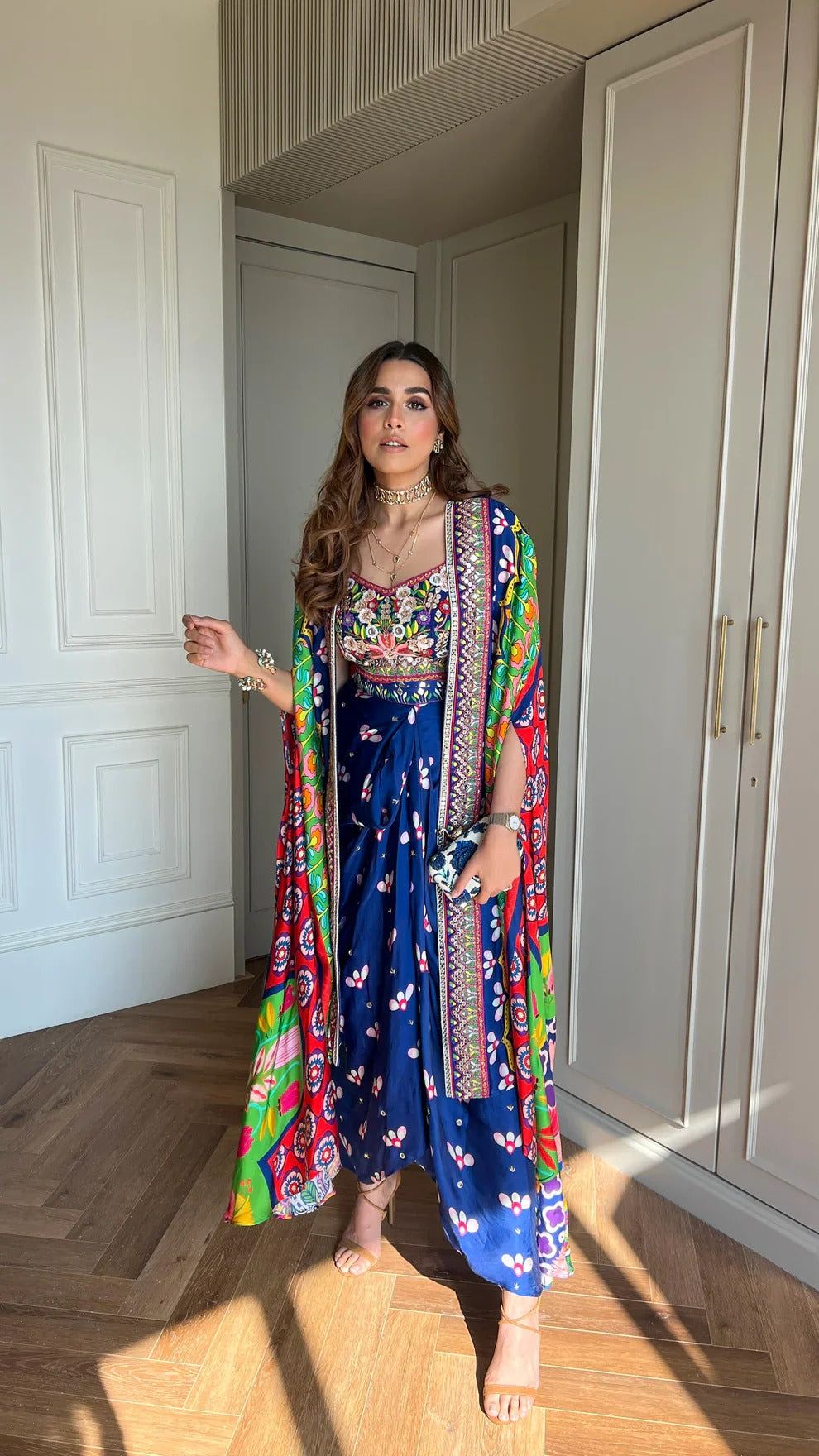 Embelished Indica Dhoti Skirt Paired With Embriodered Bralette & Cape-XS