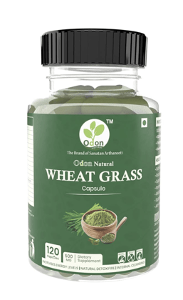 ODON NATURAL Wheatgrass Capsules 120 Count | Herbal Supplement for Increased Energy Levels, Natural Detox & Internal Cleansing | Ayurvedic Daily Wellness Capsules for Men & Women