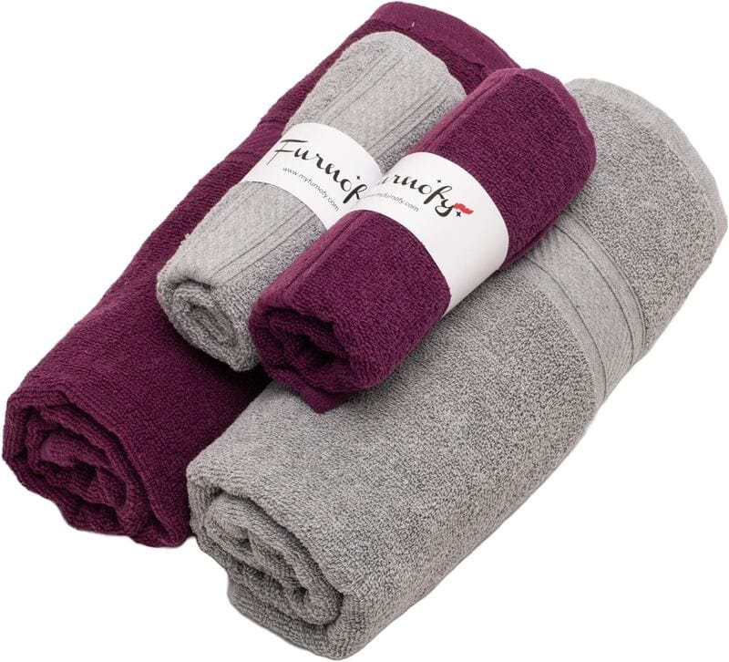 Furnofy Cotton 450 GSM Bath, Hand Towel Set Magenta, Grey (Pack Of 4)