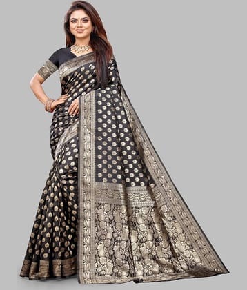 Gazal Fashions Banarasi Silk Embellished Saree With Unstitched Blouse Piece ( Navy Blue )