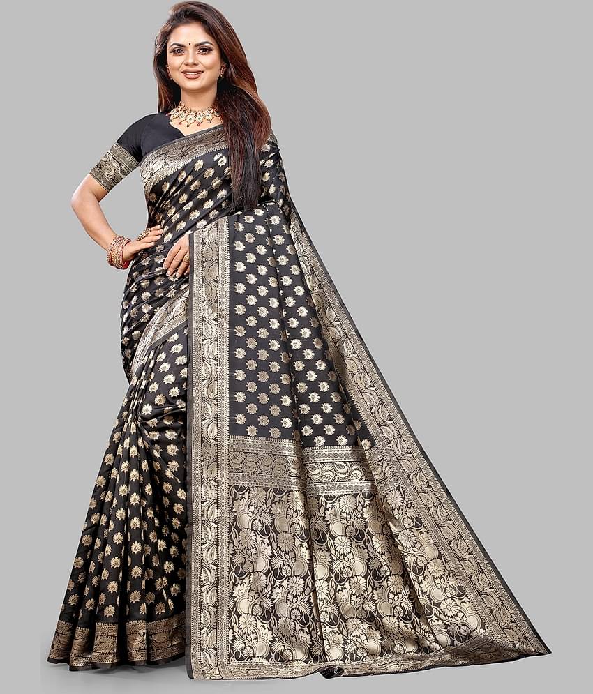 Gazal Fashions Banarasi Silk Embellished Saree With Unstitched Blouse Piece ( Navy Blue )