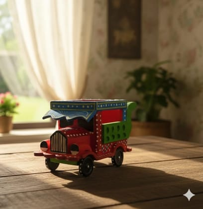 Icrafts Handmade Wooden Truck – Multicolor Decorative Toy (L: 17.78 cm × B: 10.16 cm × H: 12.7 cm, Weight: 138 g)