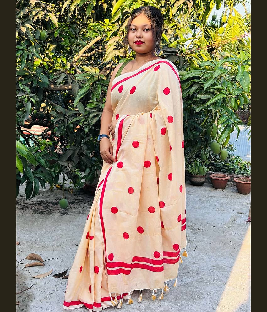 SARADA HANDLOOM Cotton Woven Saree With Unstitched Blouse Piece ( Cream )