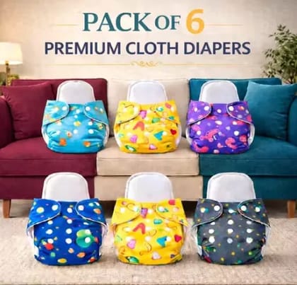 Pack of 6 with 6 Premium Insert Printed Cloth Diapers | Ultra Soft, Heavy Absorbency, Leakproof, Adjustable & Rash-Free Baby Nappies