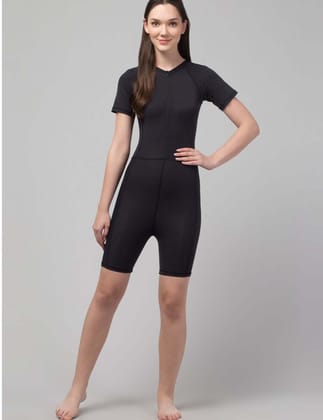Womens Polyester Spandex Solid Above Knee Slip On Round Neck Swimsuit Set Size L (Black)
