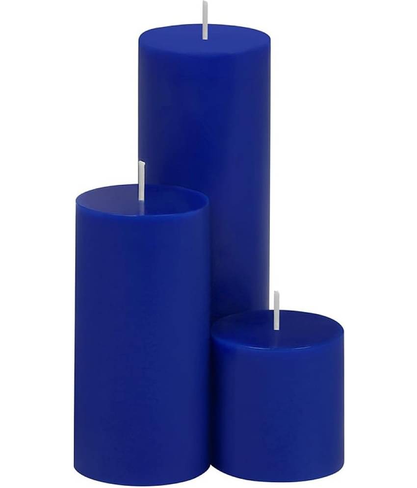 Parkash Candles Blue Unscented Pillar Candle 14 cm ( Pack of 3 )