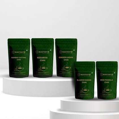 5 Chai Trial Pack - Kesariya, Elaichi, Ginger Kadak, Desi Masala & Bombay Cutting-5 - 50 Gms Each