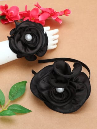 Satin Flower Bracelet & Hairband Set- Black-one Size / Black