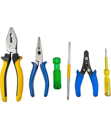 Globus 155-2 in 1 Screwdriver 6inch/150MM and 8"/200MM inch Combination Plier and 6 Inch/150 MM Nose Plier with Wire Cutter 5" and Line Tester 5" Combination Screwdriver Set (Pack of 5)