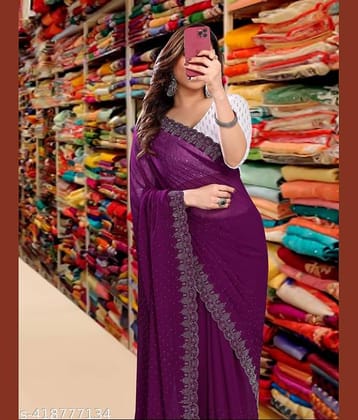 Shivadit ethnic Georgette Embroidered Saree With Unstitched Blouse Piece ( Purple )