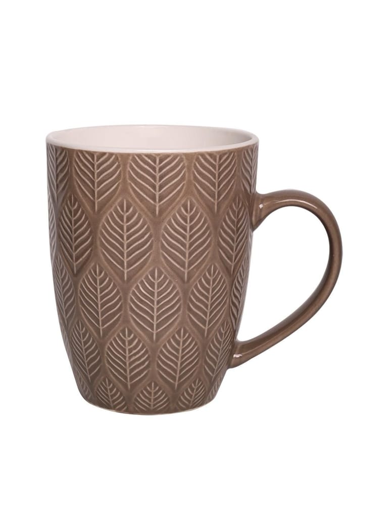 Beige Ceramic Mug - 360Ml, Leaf Pattern