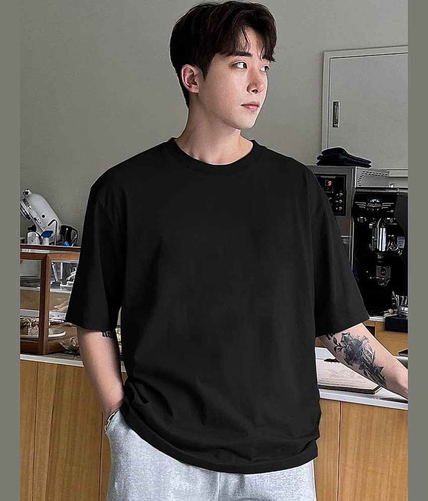 clafoutis Cotton Oversized Fit Solid Half Sleeves Men's Round T-Shirt - Black ( Pack of 1 )