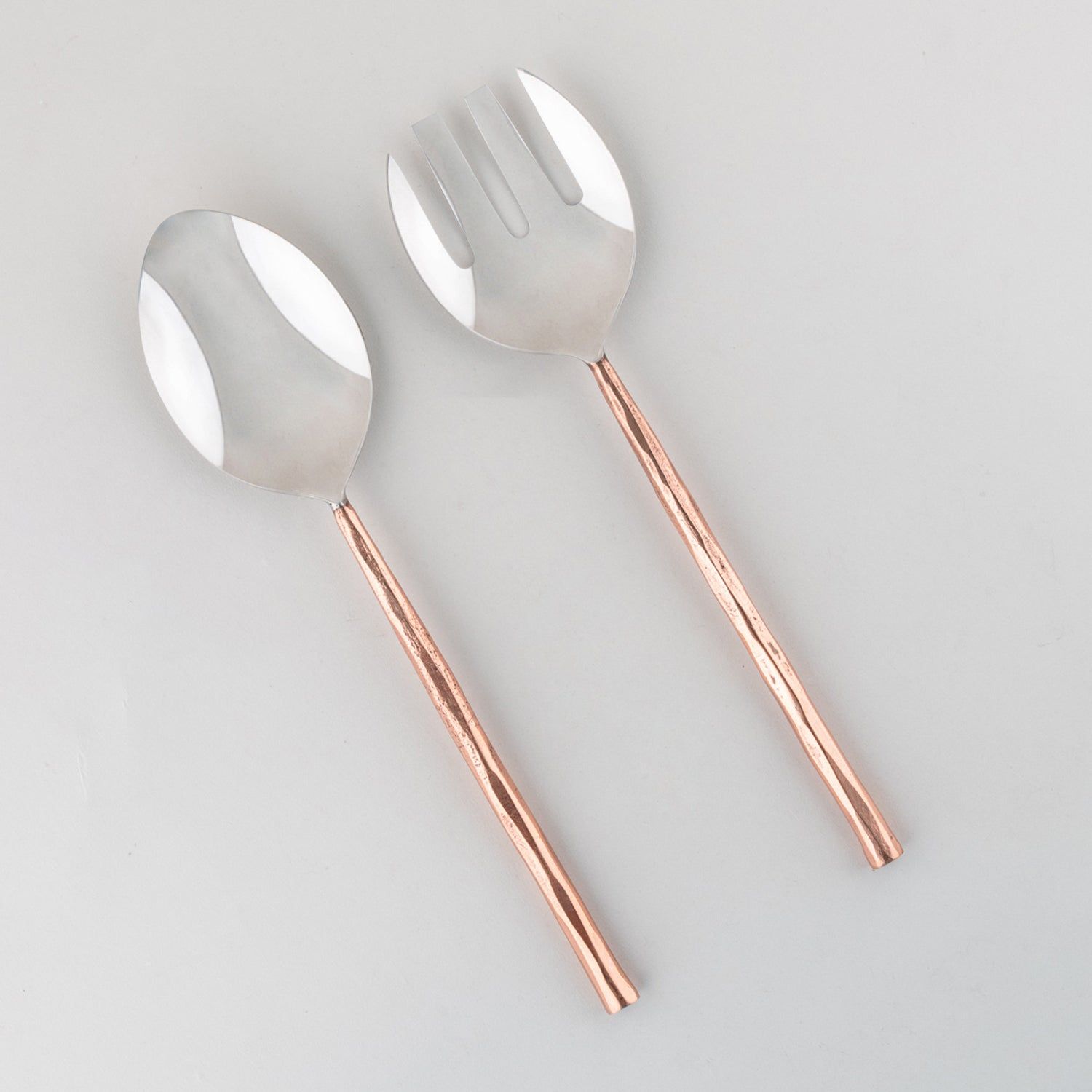 Set of 2 Salad Serving Spoon and Fork-Salad Server Fork Length: 10.75 inches, Serving Spoon Length: 11 inches. / Stainless steel with brass and copper coating / Silver & Copper