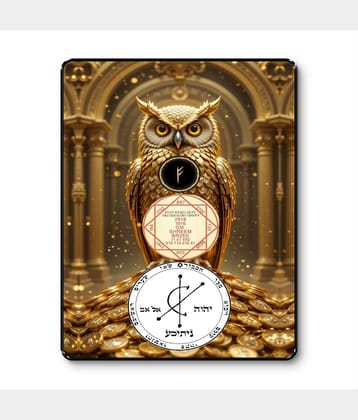 Livin'luxe Golden Owl Wealth Sigil Black Framed Sparkle Laminated Wall Painting for Home & Office Decor