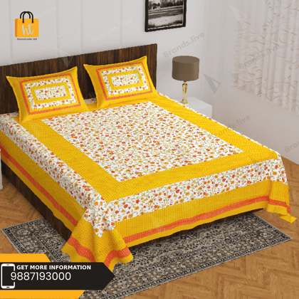 3001-Hometrade India-Standard King Size (90*108 Inches)-Pure Cotton Jaipuri Double Bedsheet With Matching Pillow Cover