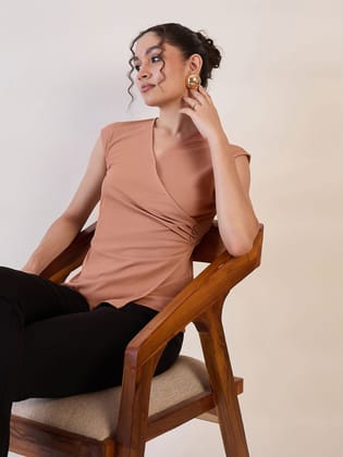 Camel Brown Wrap Knitted Regular Top-XL