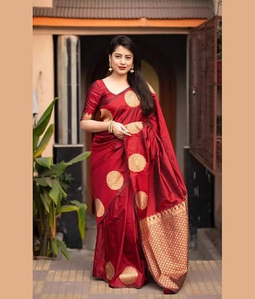 A TO Z CART Banarasi Silk Embellished Saree With Unstitched Blouse Piece ( Maroon )