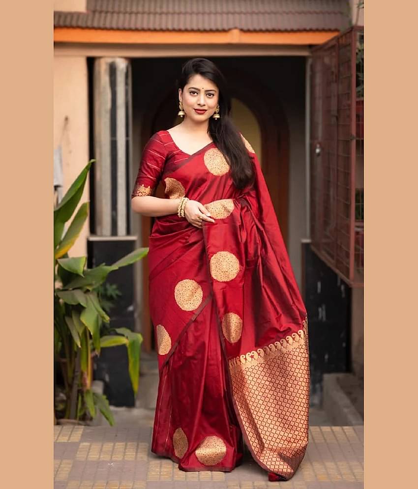 A TO Z CART Banarasi Silk Embellished Saree With Unstitched Blouse Piece ( Maroon )