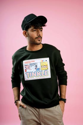 Tinkle x A47: Suppandi's Corn Tale Olive Green Oversized Sweatshirt-S