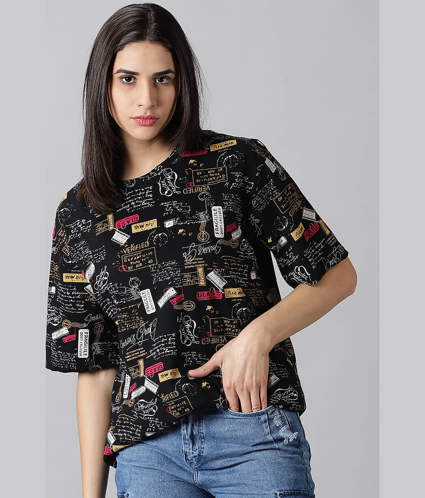 RodZen Women Cotton Printed Oversized Fit Round Neck T-Shirt ( Black )