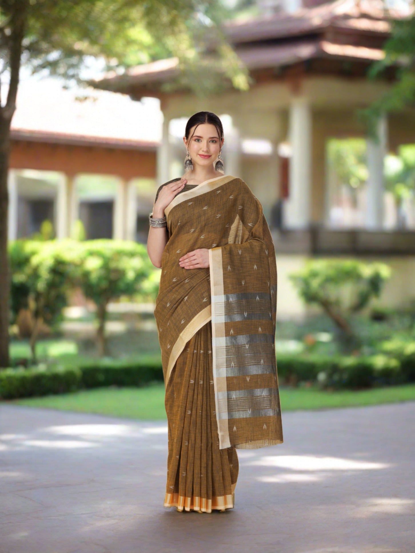 Green Soft Linen Butti Printed Saree