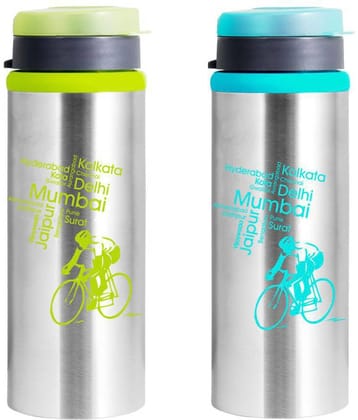 Nanonine Sprint Stainless Steel Single Wall Bottle With Flip Top, 750 Ml,Set Of 2, Assorted Colour