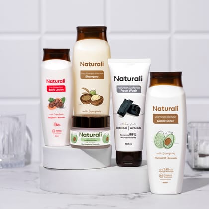 Naturali Rice Water Shampoo + Damage Repair Conditioner + Charcoal Face Wash + Face Moisturiser + SPF Body Lotion - Family Pack-200ml+180ml+100ml+30ml+100ml