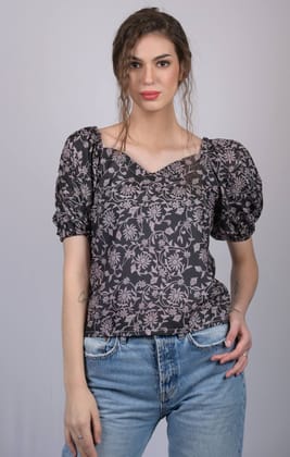 Black Floral Printed V-Neck Puff Sleeve Top (OTL-TPS1011)-Black / XS