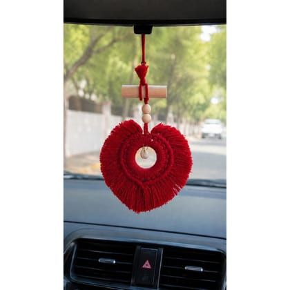 HANDMADE MACRAMÉ HEART CAR CHARM – RED WITH SHELL ACCENT