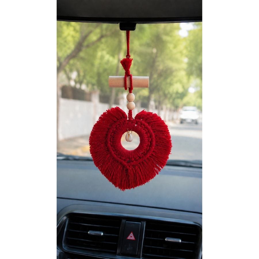 HANDMADE MACRAMÉ HEART CAR CHARM – RED WITH SHELL ACCENT