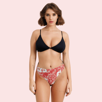 Red & White Floral Print High-Cut Thong Bikini Bottom (Bottom Only)