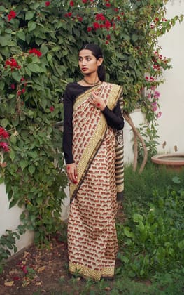 MOORA Tigress Beige and Black Hand Block Print Chanderi Silk Saree Length 5.50 Meters Width 44 Inches with Blouse Piece 1 metre