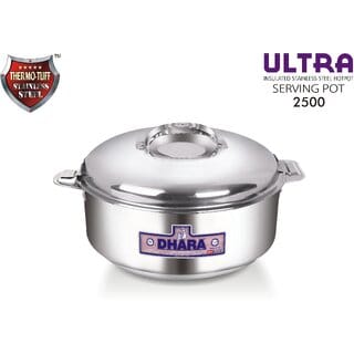 Dhara Stainless Steel Ultra 2500 Stainless Steel Casserole, 1900ml, Silver  Ideal For Chapatti  Roti  Curd Maker  Ea