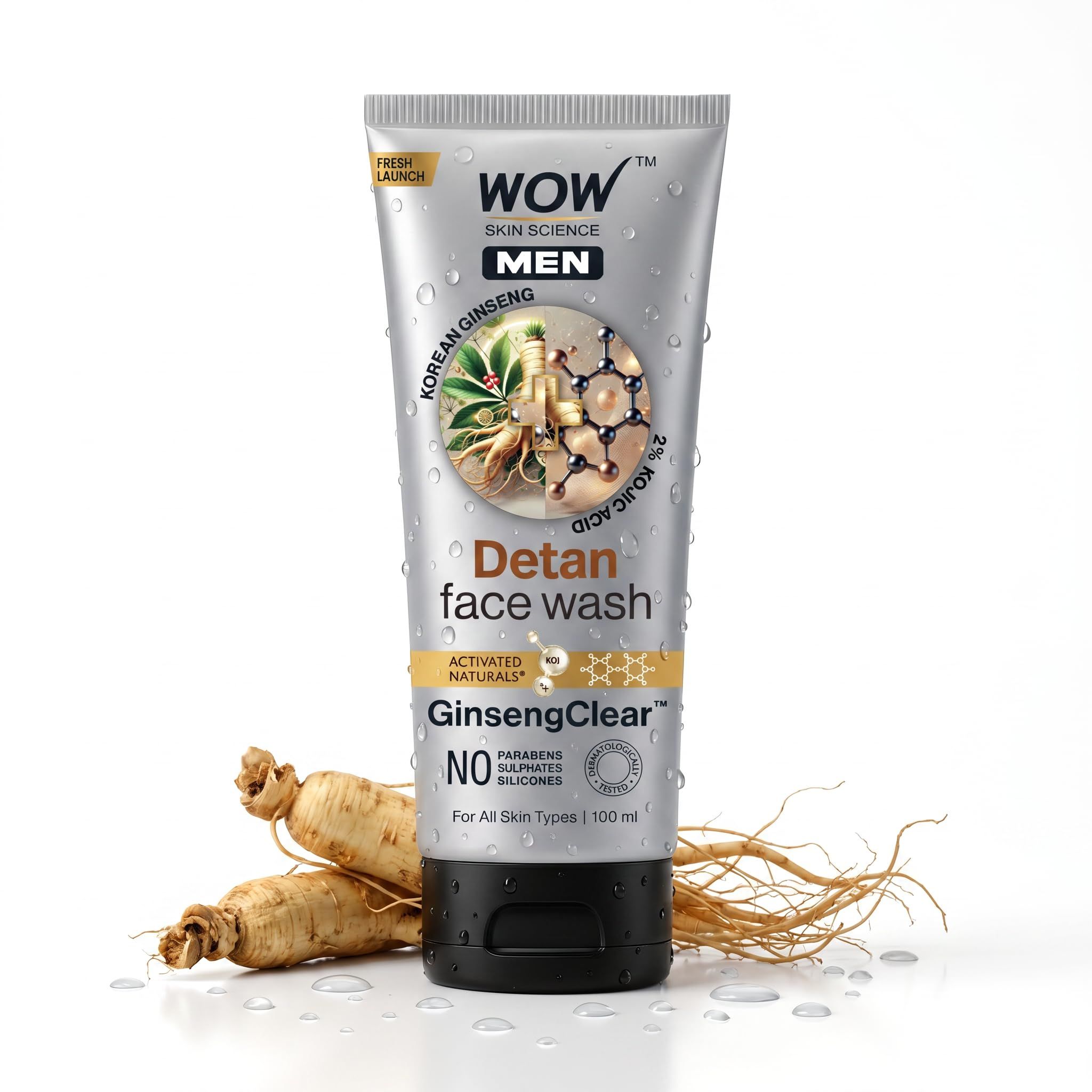 WOW Skin Science Men Detan Face Wash | Face Wash for Oily Skin with Korean Ginseng & Kojic Acid | Helps Remove Tan, Reduce Dark Spots & Brighten Skin | SulphateFree | GinsengClear | 100mL WOW Skin Science Men Detan Face Wash | Face Wash for Oily Skin wit