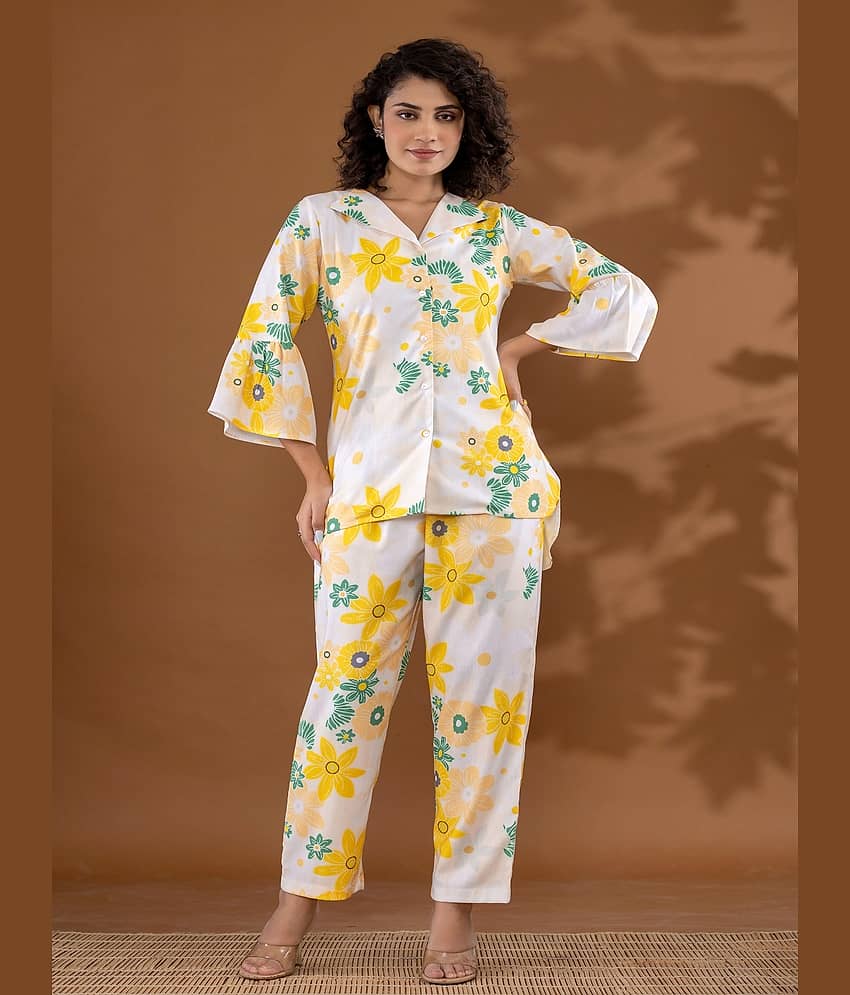 Flamboyant Women Printed Shirt With Trousers Co-Ord Set ( Yellow )