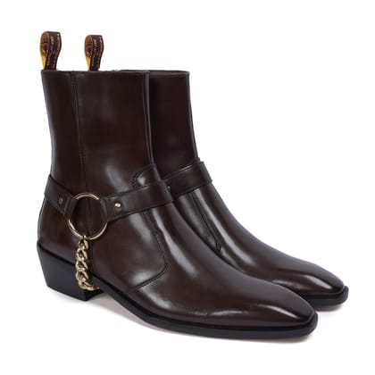 Dark Brown High Ankle Hand Made Side Zip Leather Boots With Golden Chain-40/6
