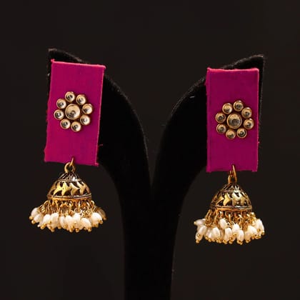 Pink - Anvika Stone Work Fabart GS Jhumka Earrings Pink - Anvika Stone Work Fabart GS Jhumka Earrings