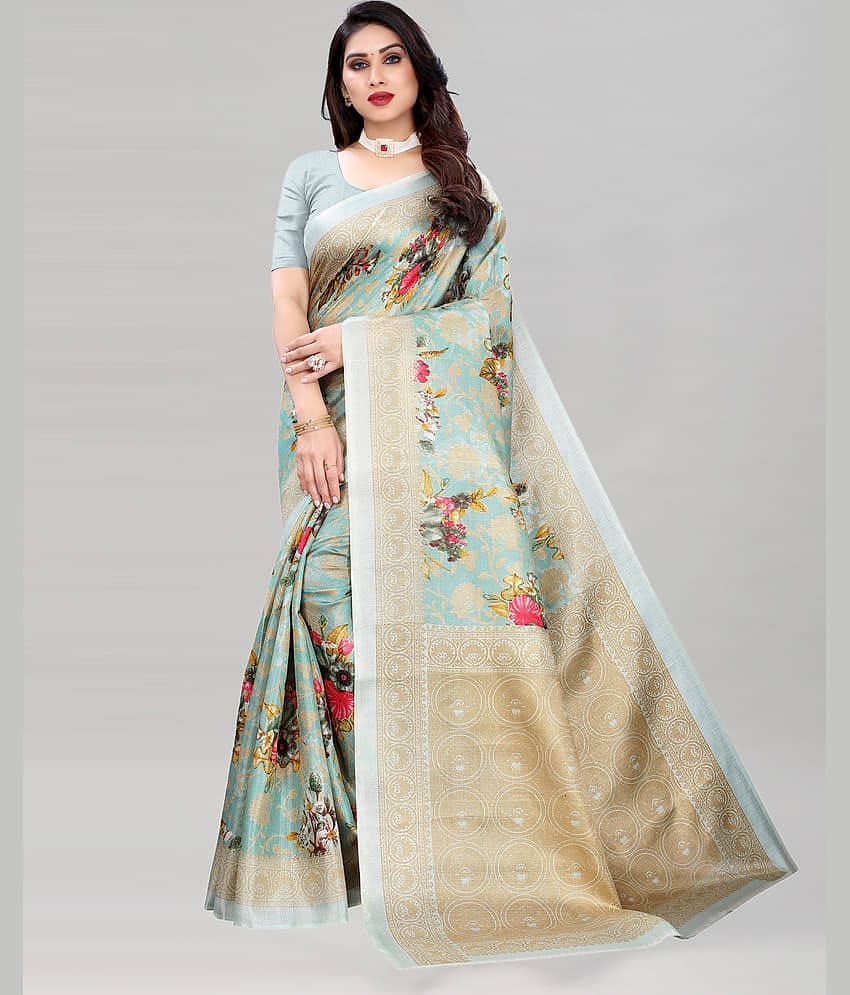 Samah Silk Printed Saree With Unstitched Blouse Piece ( Mint Green )