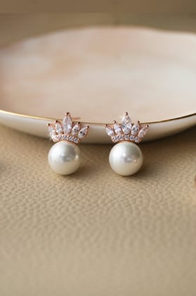 Pearl With A Crown Rose Gold Plated Sterling Silver Statement Stud Earrings-Rose