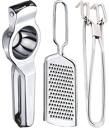 JISUN - Silver Stainless Steel Lemon Squeezer & Cheese Grater & Pakkad ( Set of 3 )