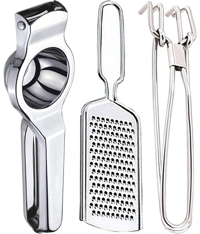 JISUN - Silver Stainless Steel Lemon Squeezer & Cheese Grater & Pakkad ( Set of 3 )