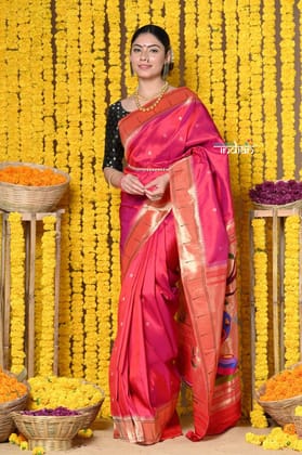 Rajsi~ Handloom Pure Silk Muniya Border Saree WIth Handcrafted Peacock Pallu in Orangish Pink
