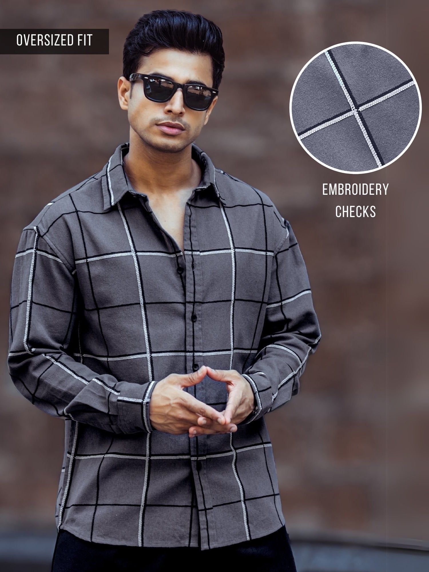 Embroidery Checks Grey Shirt-S