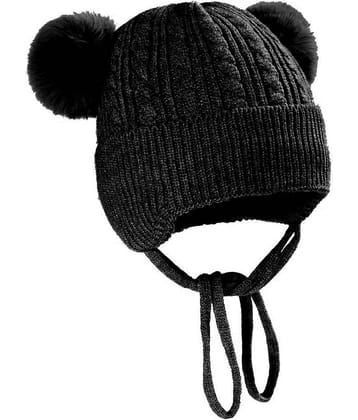 INFISPACE Baby's Super Warm Winter Woolen Skull Beanie Cap with Fur Inside| Double Pompom Baby Hat (Age: 6 Months to 3 Years) BlackColor