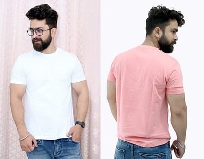 Tru Threads Solid Premium T-Shirt 3 Pcs Combo - Cyan, Lavender, White (Size-M)