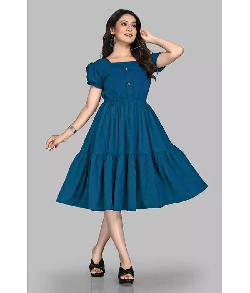 JASH CREATION Women Polyester Solid Fit & Flare Dress ( Teal )