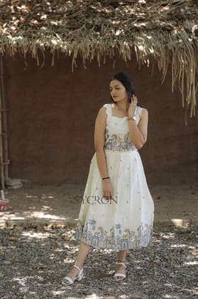 Byzantine  Pure Embroidery Work On Khadi Cotton Fabric maxi Frock-Off White / S-36