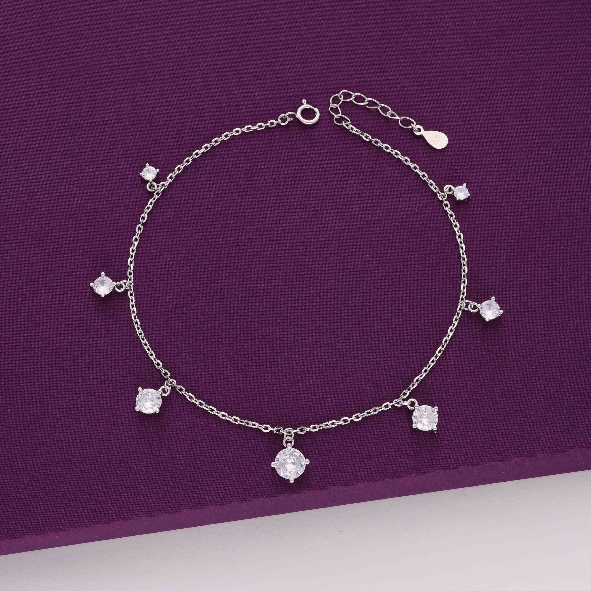Charms of Solitaire Orbs Silver Anklet-White Stone / Silver