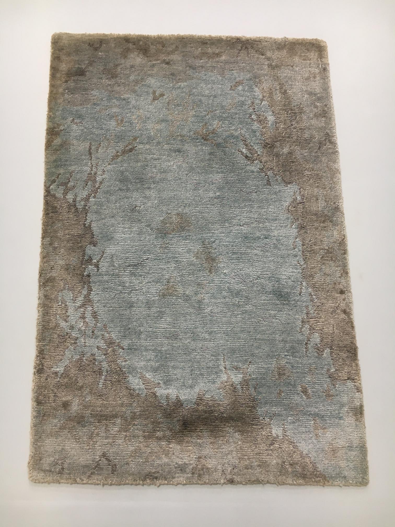Hand-Knotted Wool & Bamboo Silk Rug 2x3 ft | Modern Geometric Design, Ltbrown Aqua