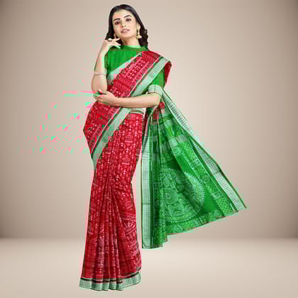 Cherry Red Tribal Design Sambalpuri Silk Saree